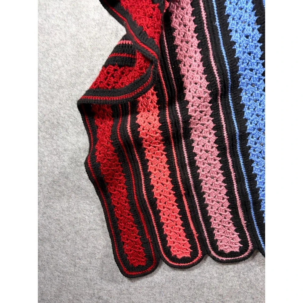 Vintage Handmade Crochet Rainbow Stripe Blanket Scalloped‎ Edge Throw 41x52